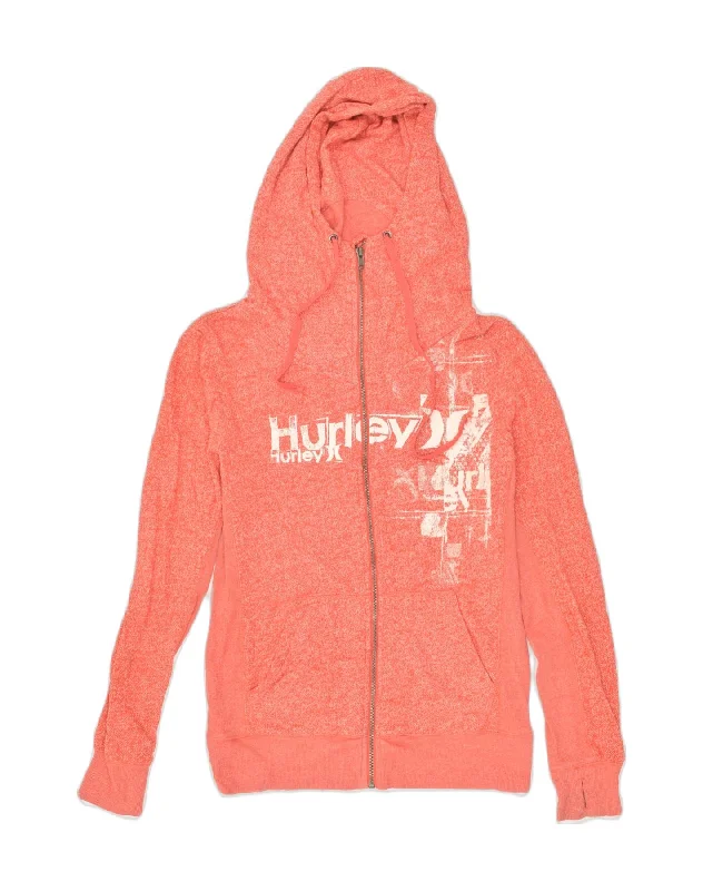 HURLEY Womens Graphic Zip Hoodie Sweater UK 14 Medium Red Cotton