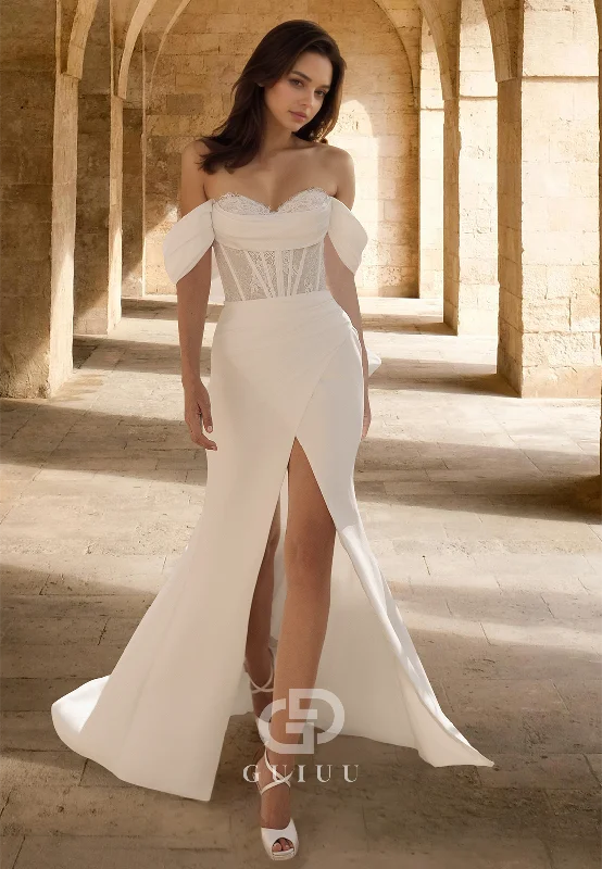 Sheath Off-Shoulder Cap Sleeves Corset Tulle Slit Sweep Train Satin Wedding Dress