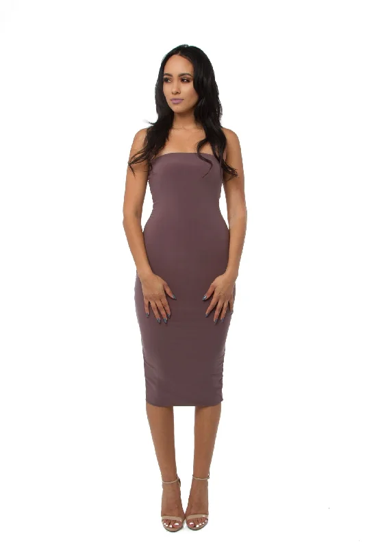 THE MYSTYLEMODE MOCHA DOUBLE LINED STRAPLESS ZIPPER BACK MIDI DRESS