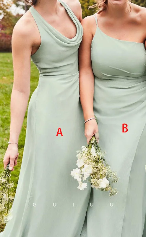 GB143 - Chic & Modern Sheath V-neck One Shoulder Halter Straps Side Slit Floor-Length Bridesmaid Dress