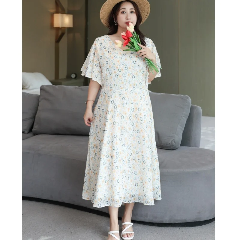 Plus Size Floral Pindot Chiffon White Dress (EXTAR BIG SIZE)