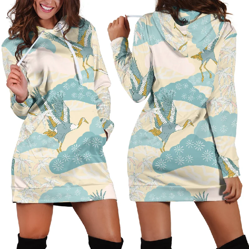 Bonsai Bamboo Stork Japanese Pattern Cream Theme Women'S Hoodie Dress