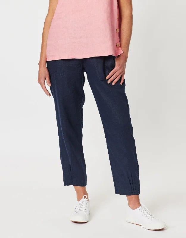 Sarah Rib Waist Linen Pants - Navy