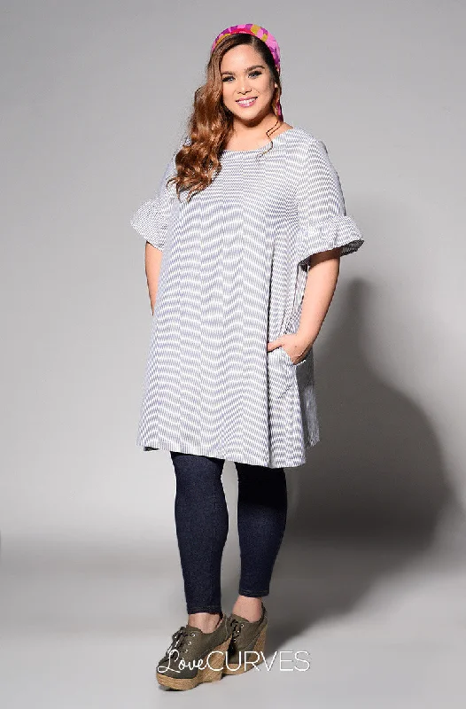 Ruffled Sleeves Shift Dress - Dark Gray Stripes - REE