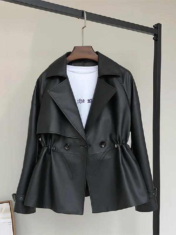 Spring Black Short Soft Faux Leather Trench Coat for Women Coats