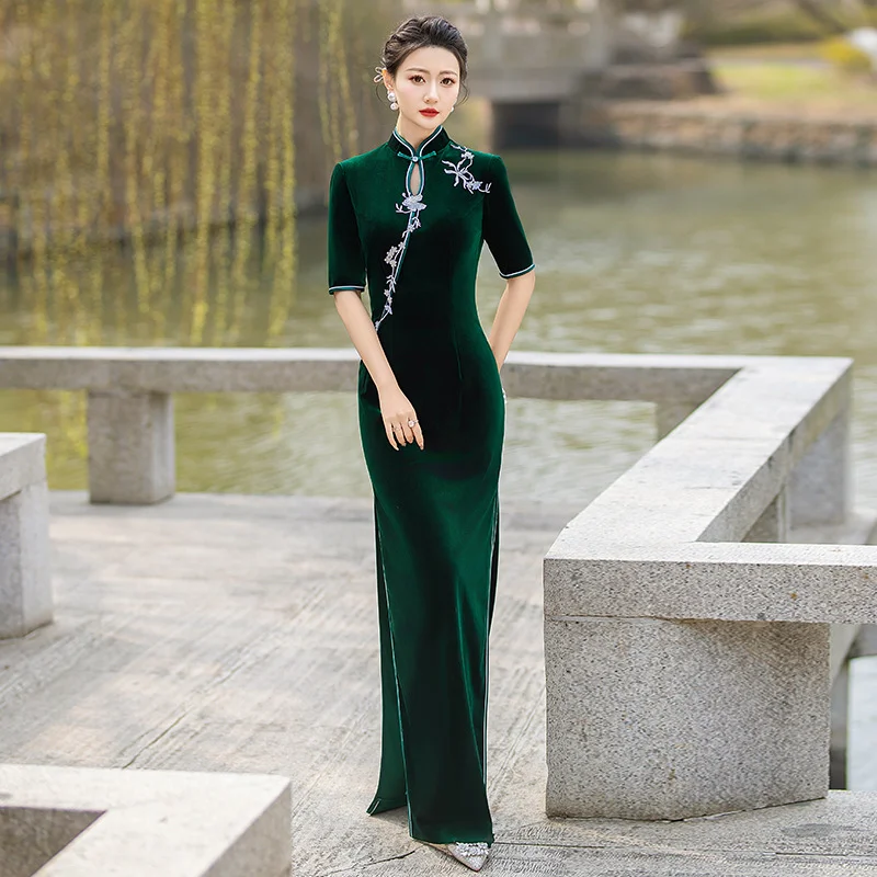 (S-5XL & Custom Size) Plus Size Formal Velvet Cheongsam Evening Dress