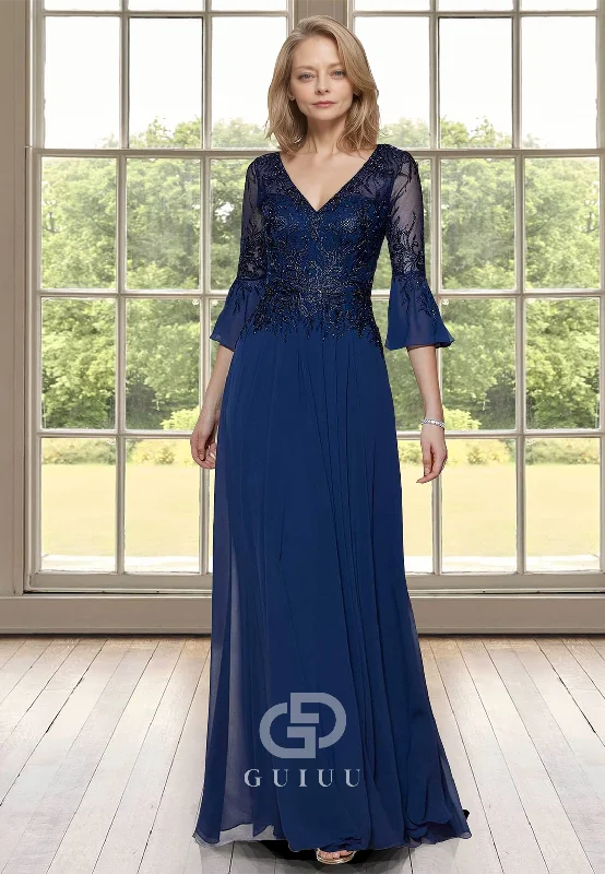 A-Line 3/4 Sleeves V-Neck Empire-Waist Corset Appliques Satin Mother of the Bride Dress