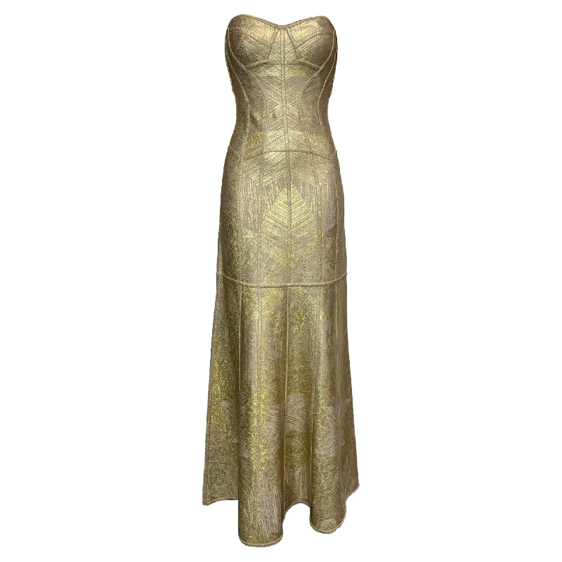 Herve Leger Merlyn Bandage Evening Gown in Gold Rayon