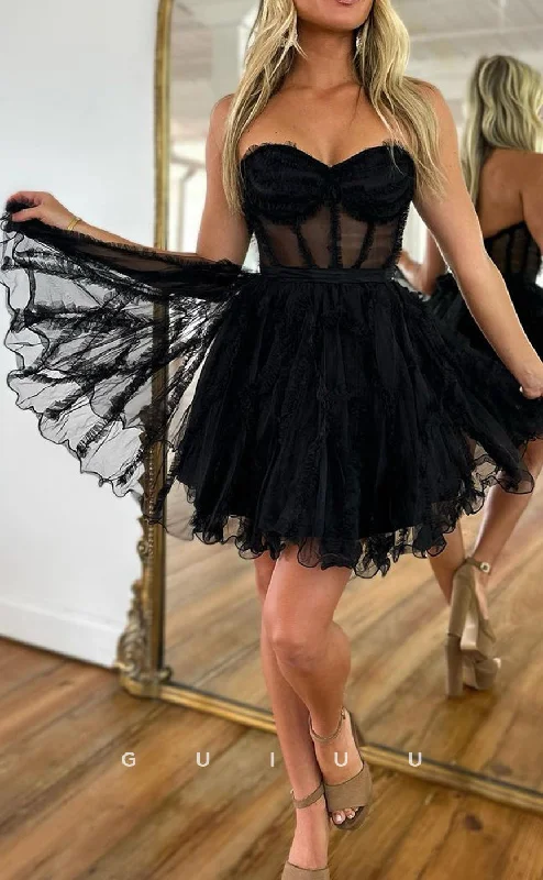 GH785 - A-Line Strapless Black Sheer Ball Gown Short Tulle Homecoming Party Dress