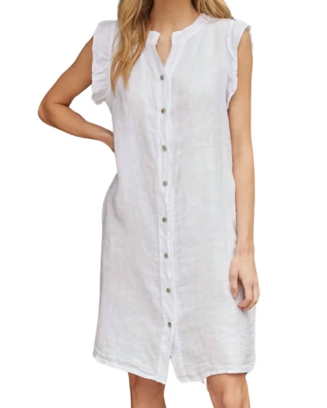 Linen Ruffle Cap Sleeve Dress In White