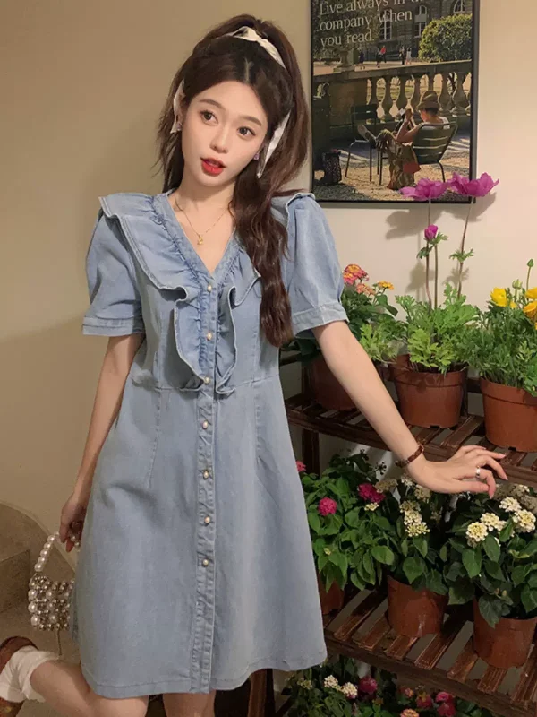 Plus Size Denim Frill V Neck Dress