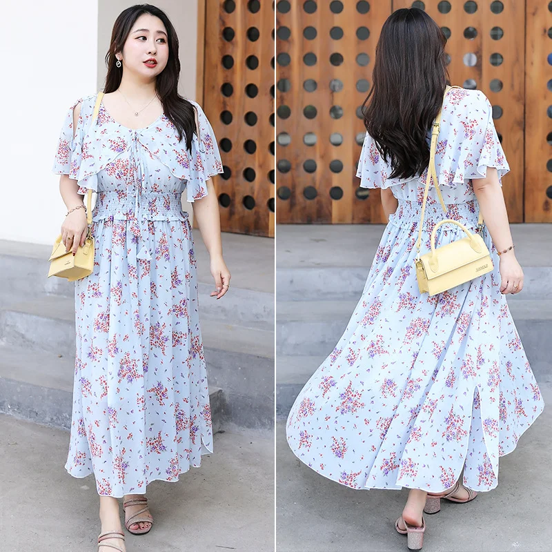 Plus Size Cape Floral Korean Midi Dress