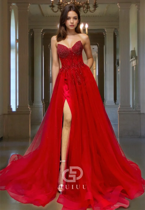 Red A-Line Sleeveless Sweetheart Prom Dress with Slit Sequins Empire-Waist Evening Party Dress