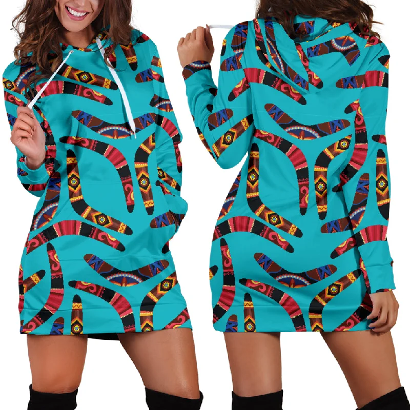 Boomerang Australian Aboriginal Ornament Blue Background Women'S Hoodie Dress