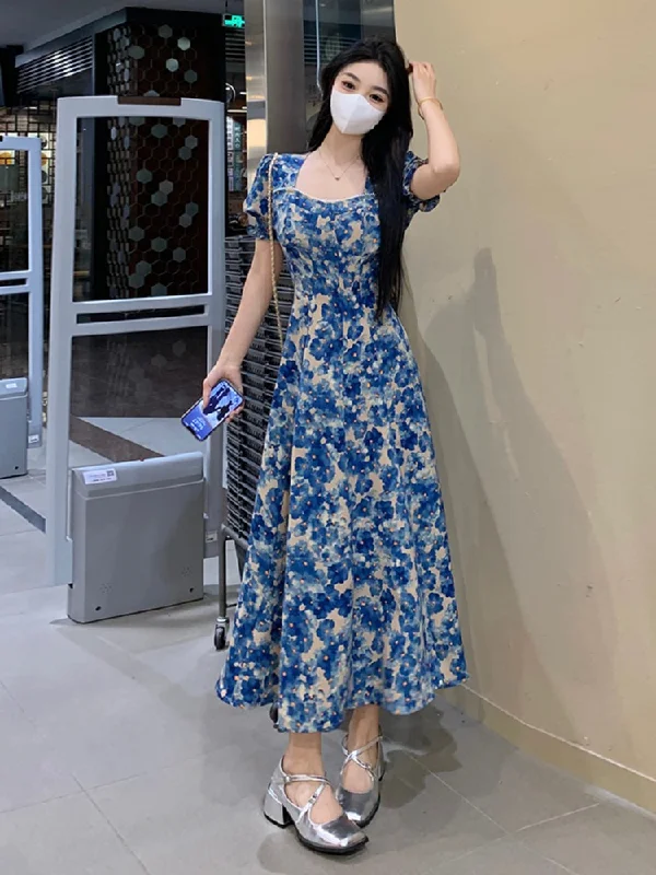 Plus Size Blue Bustier Floral Fit And Flare Dress