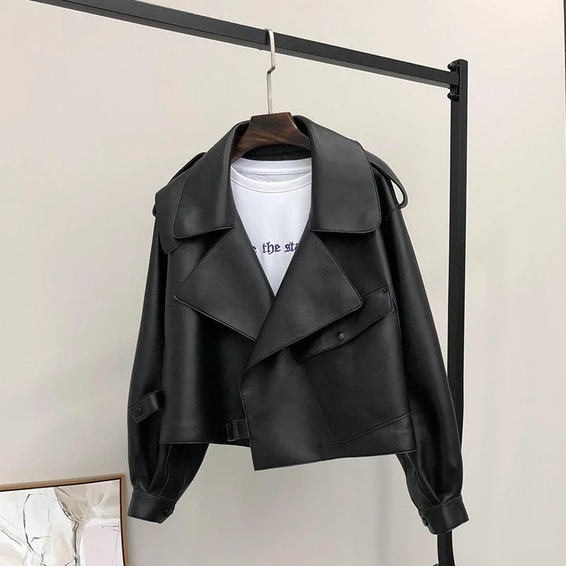 Spring Women Short Faux Leather Jacket Single Button Black Coats