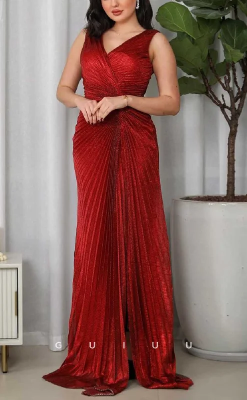 G4050 - Chic & Modern V-Neck Straps Fully Sequined and Draped Formal Party Prom Dress with Pleats