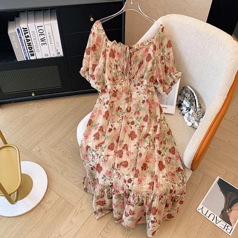 Plus Size Art Floral Chiffon Short Sleeve Dress (EXTRA BIG SIZE)