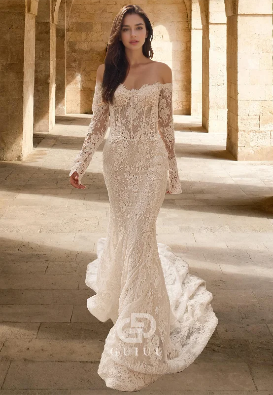 Charming Off-Shoulder Long Sleeves Lace Appliques Mermaid Wedding Dress