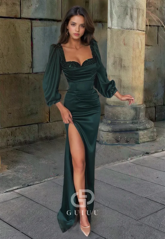 G2849 - Chic & Modern Sequins Square Ruched Satin Long Sleeves Prom Evening Dress