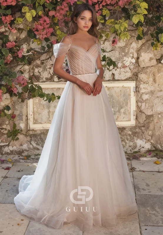 A-Line Off Shoulder Sleeveless Pleated Tulle Long Wedding Dress