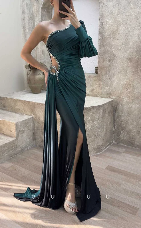 G4176 - Chic & Modern Sheath One Shoulder Cut-Outs Beaded and Draped Evening Gown Prom Dress with Side Slit and Overlay