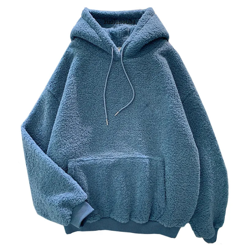 Thick Warm Coat Velvet Cashmere Women Hoody Sweatshirt Solid Blue Pullover