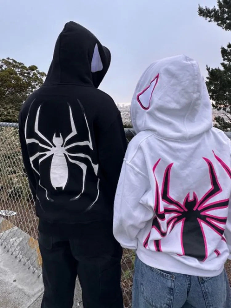 Woman clothing Spider Print Hoodie Pullover Sweatshirt High Street Anime Oversize Coats