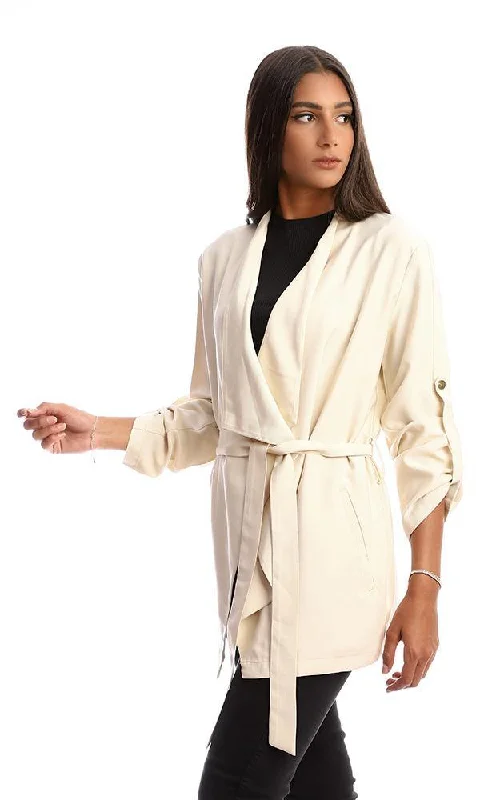 96743 Open Neckline Casual Jacket With Side Pockets - Beige