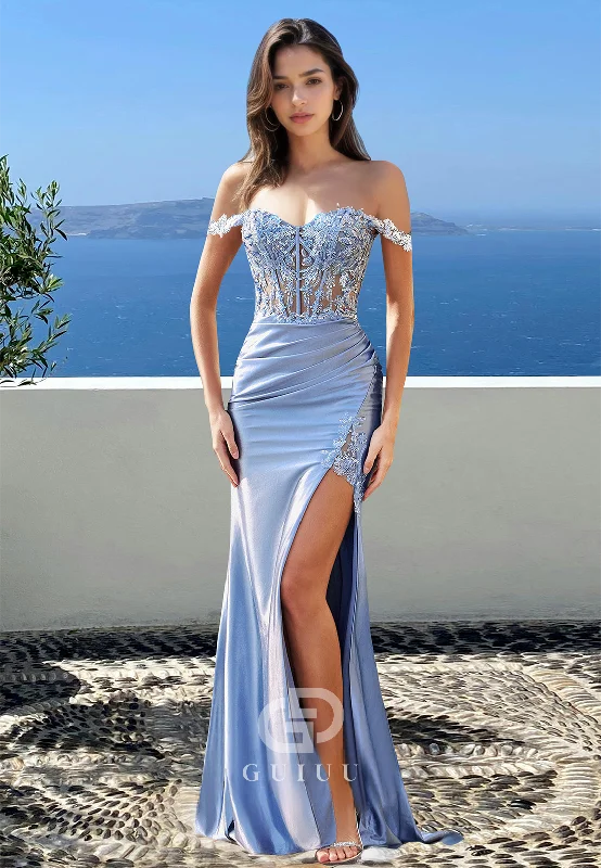 Sheath Sweetheart Cap Sleeves Prom Dress with Slit Ruched Corset Tulle Evening Party Dress