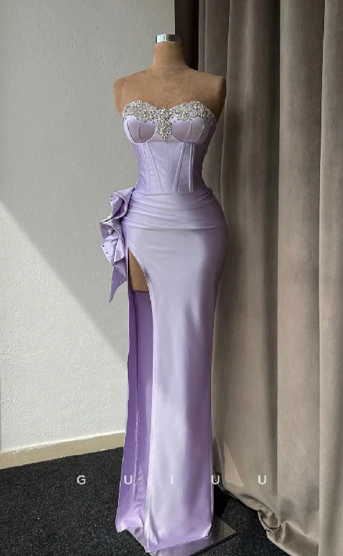 G2498 - Sexy & Hot Sweetheart Beaded Satin Lavender Long Prom Evening Dress