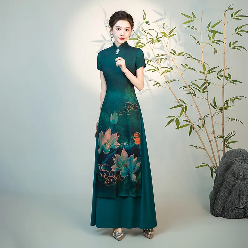 (S-5XL) Plus Size Green Lotus A Line Qipao Maxi Dress