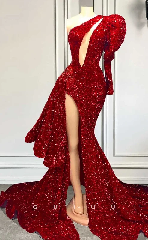 G4579 -  Sexy Mermaid One Shouleder Red Fully Sequined High Side Slit Prom Party Gown with Train