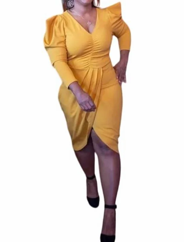 Puffy Sleeve Dress - Plus In Mustard Yellow