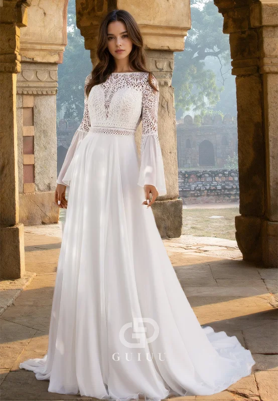 A-Line Scoop Long Sleeves Backless Empire-Waist Sweep Train Boho Wedding Dress