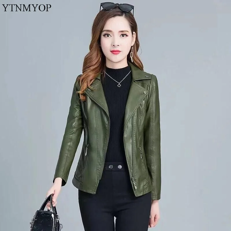 Women Leather Jackets Army Green Faux Leather Coat