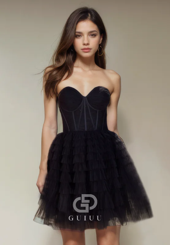 A-Line Strapless Sleeveless Criss Cross Straps Tulle Tiered Homecoming Dress