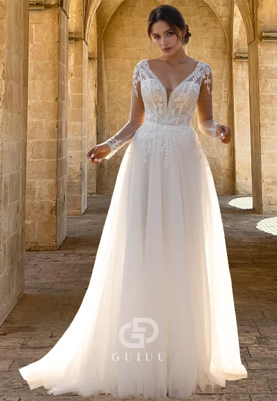 Charming Long Sleeves V-Neck Empire-Waist Backless Floral Appliques Lace Wedding Dress