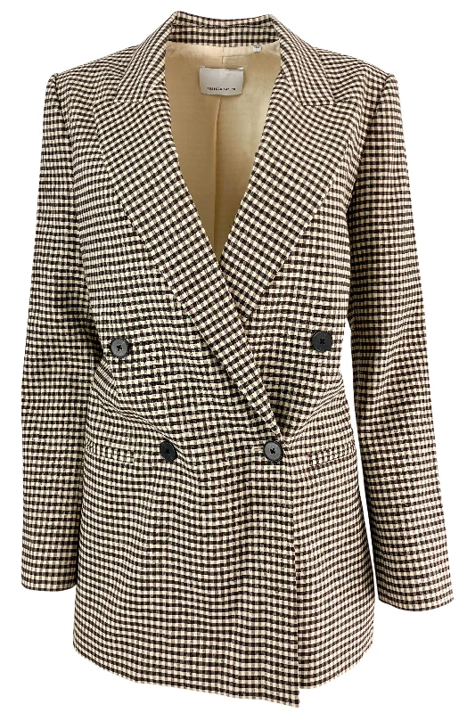 Rebecca Taylor Linen Blend Double Breasted Blazer in Brown Check