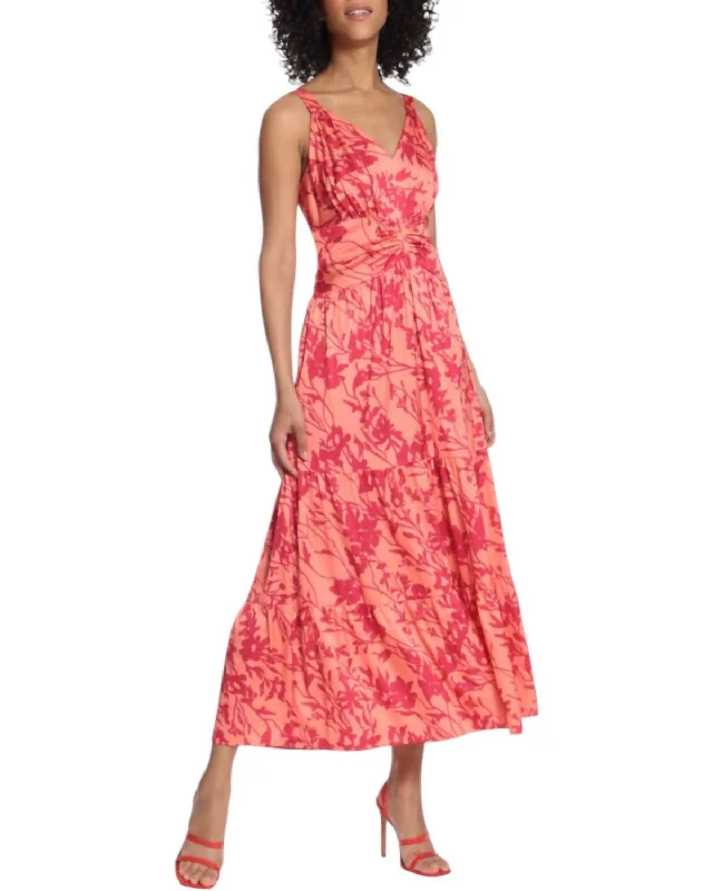 Floral Ruched Waist Maxi Dress In Coral/hot Pink