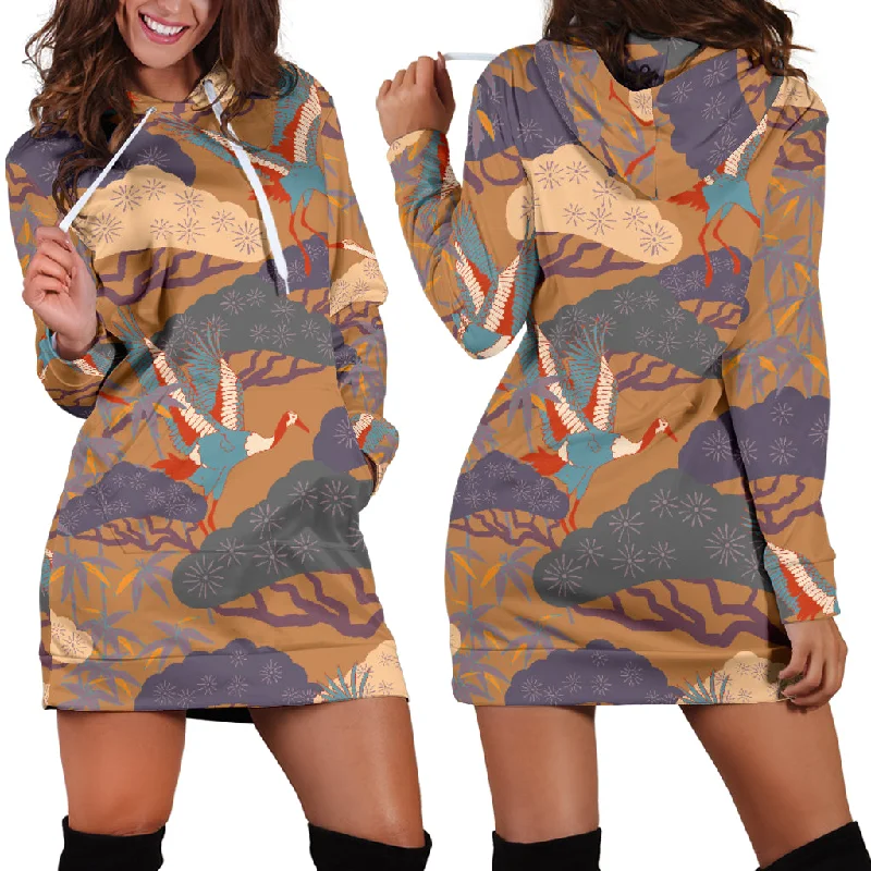 Bonsai Bamboo Stork Japanese Pattern Brown Theme Women'S Hoodie Dress