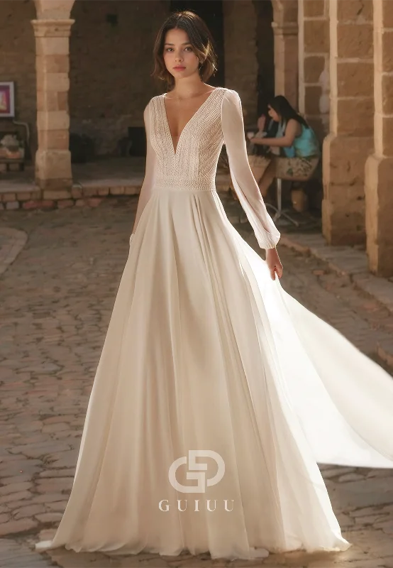 A-Line V Neck Long Sleeves Chiffon Wedding Dress with Train