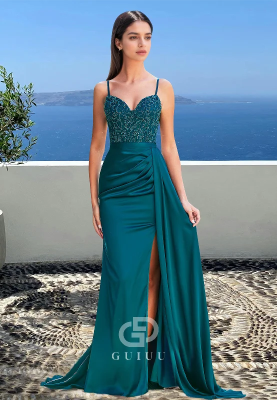 Peacock Spaghetti Straps Sweetheart Prom Dress with Slit Ruched Evening Party Dress