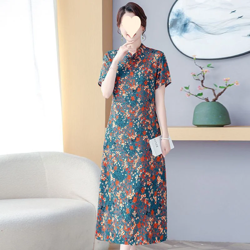 (XL-5XL) Plus Size Printed Short Sleeve Qipao Dress