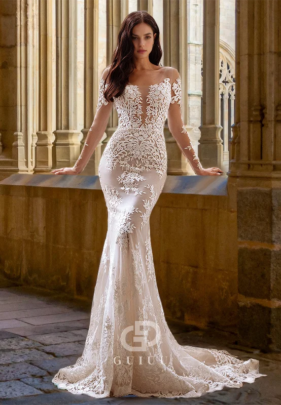 Charming V-Neck Lace Long Sleeves Floral Appliques Mermaid Wedding Dress