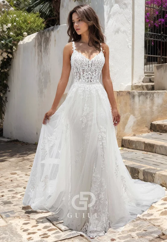 Mermaid Strapless Straps Sleeveless Fully Lace Boho Wedding Dress with Detachable Train