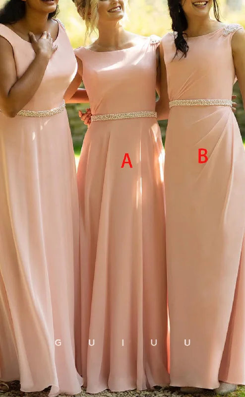 GB148 - Chic & Modern Sheath Bateau Draped Beaded Floor-Length Bridesmaid Dress