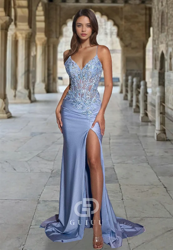 Mist Spghetti Straps V-Neck Prom Dress with Slit Corset Tulle Appliques Evening Party Dress