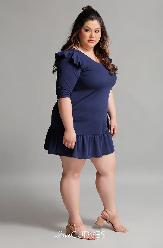 Drop Waist Ruffle Dress - Navy Blue