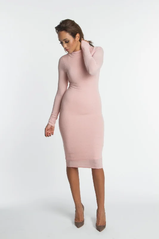 THE MYSTYLEMODE DUSTY PINK DOUBLE LINED LONG SLEEVE FUNNEL NECK MIDI DRESS